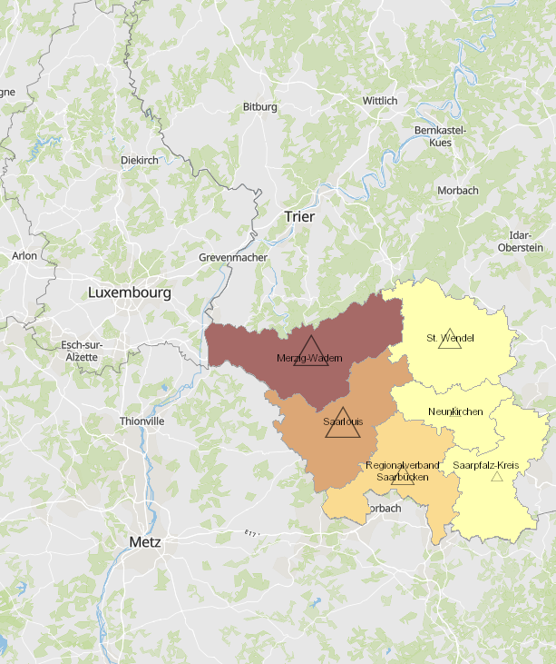 Grenzgänger aus dem Saarland nach Luxemburg 2011-2019 auf der Kartenanwendung - Neues Fenster