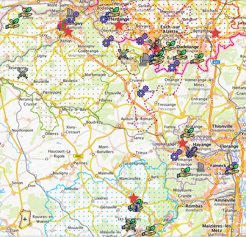 Touristische Stätten 2020: Süden Luxemburgs - Pays de Longwy - Fenschtal - Orne Lorraine auf der Kartenanwendung - Neues Fenster