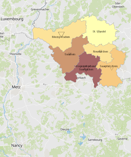 Grenzgänger aus Frankreich ins Saarland 2011-2019 auf der Kartenanwendung - Neues Fenster