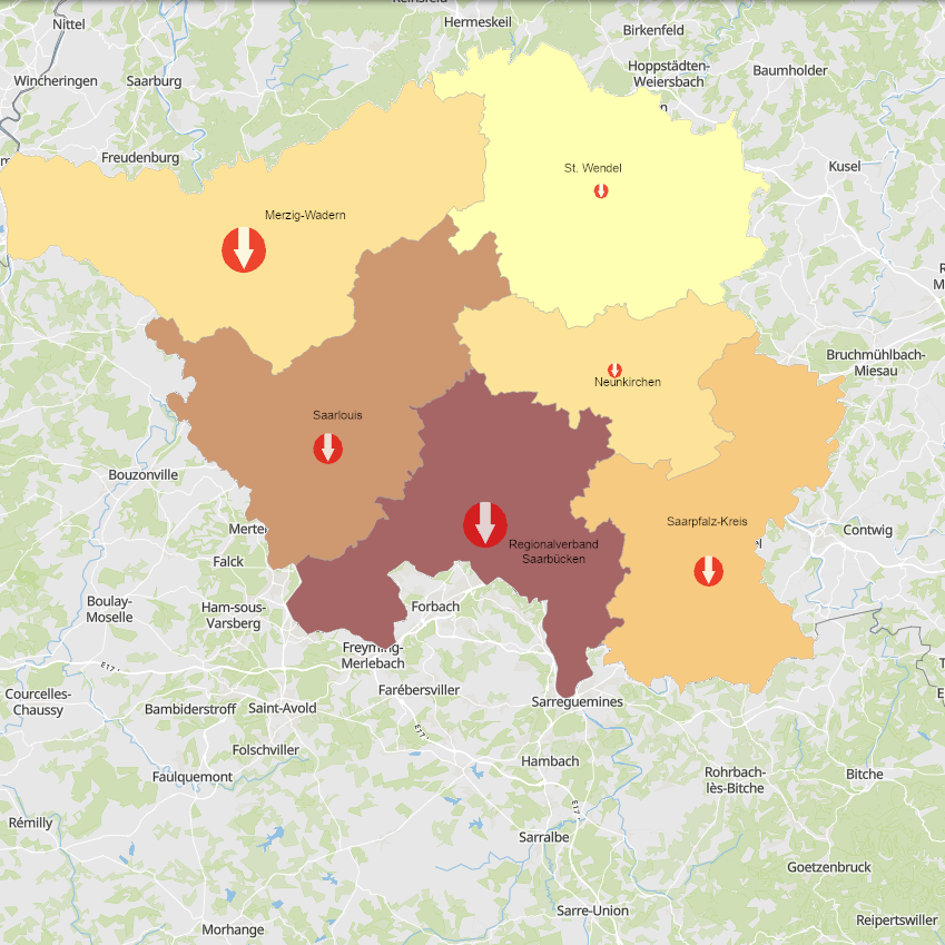 Grenzgänger aus Frankreich ins Saarland 2011-2021 auf der Kartenanwendung - Neues Fenster