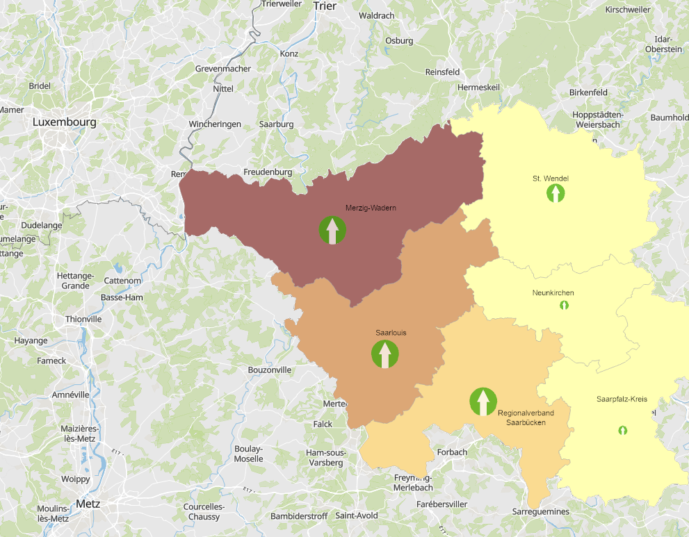 Grenzgänger aus dem Saarland nach Luxemburg 2011-2021 auf der Kartenanwendung - Neues Fenster