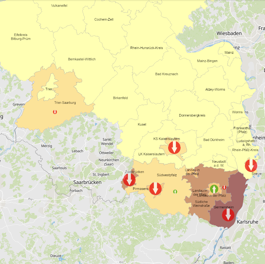 Frontaliers de la France vers la Rhénanie-Palatinat 2011-2021 sur l'application cartographique - Nouvelle fenêtre