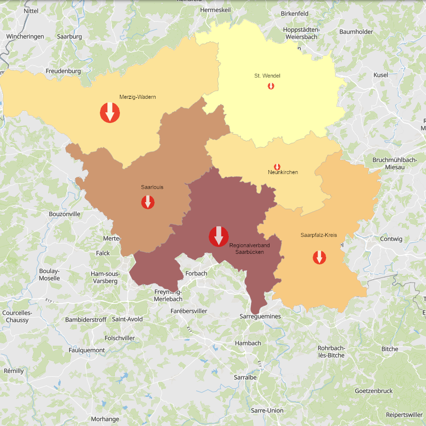 Frontaliers de la France vers la Sarre 2011-2021 sur l'application cartographique