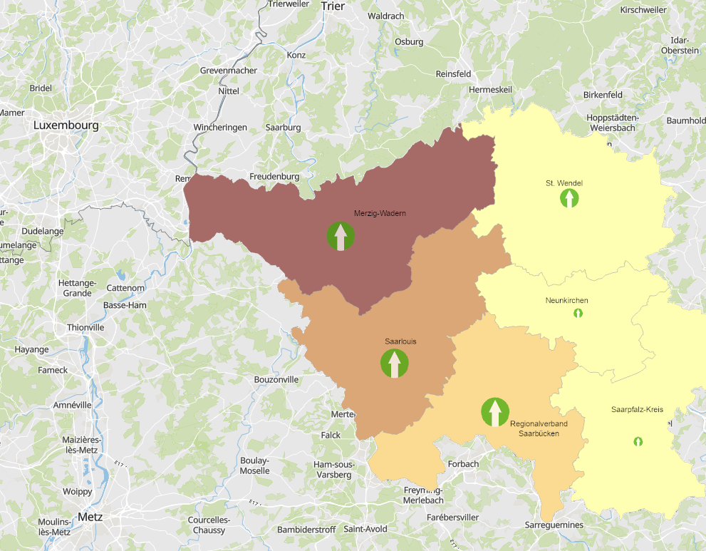 Frontaliers de la Sarre vers le Luxembourg 2011-2021 sur l'application cartographique