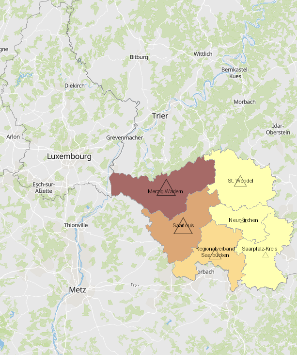 Frontaliers de la Sarre vers le Luxembourg 2011-2019 sur l'application cartographique