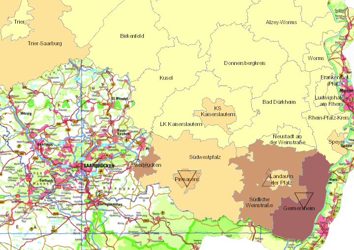 rontaliers de la France vers la Rhénanie-Palatinat 2007-2017 sur l'application cartographique