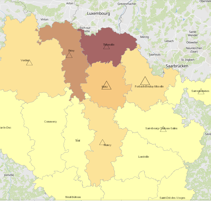 Frontaliers de la Lorraine vers le Luxembourg 2011-2019 sur l'application cartographique - Nouvelle fenêtre