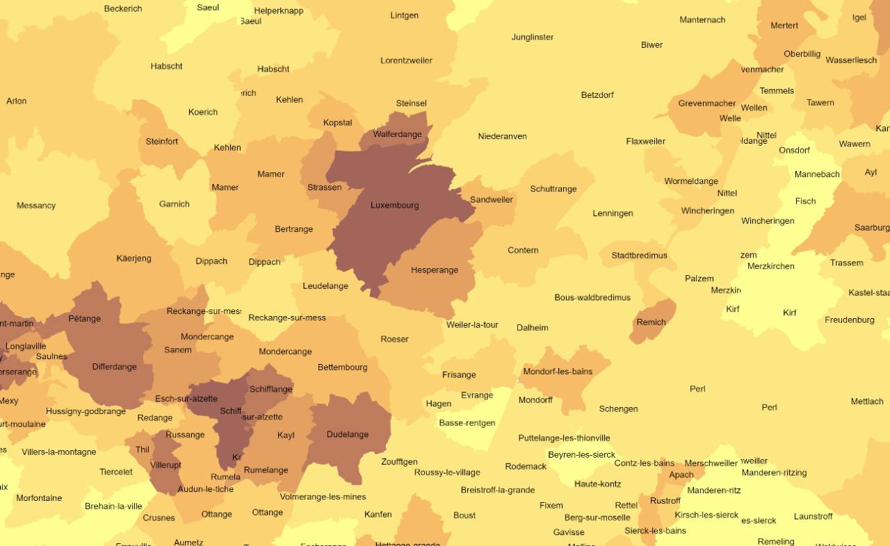 Densité de la population 2024 par commune sur l'application cartographique