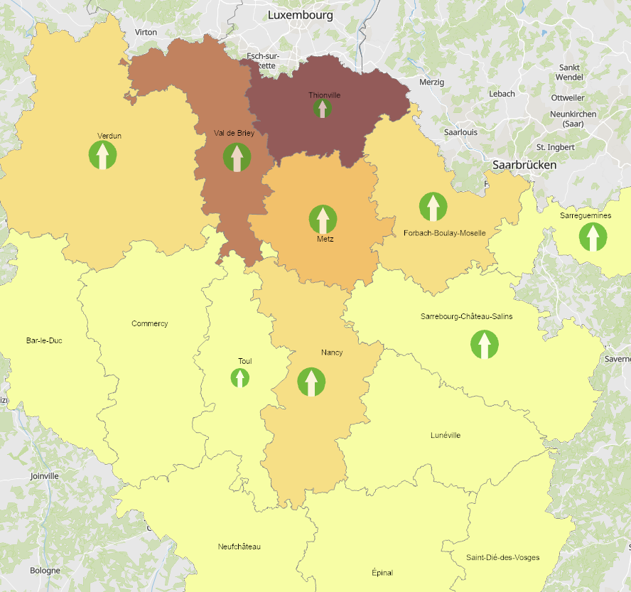 Frontaliers de la Lorraine vers le Luxembourg 2013-2023 sur l'application cartographique