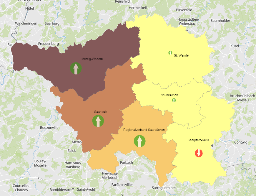 Frontaliers de la Sarre vers le Luxembourg 2013-2023 sur l'application cartographique