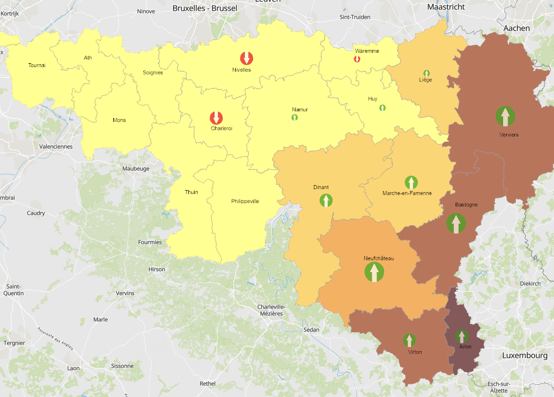 Frontaliers de la Wallonie vers le Luxembourg 2013-2023 sur l'application cartographique