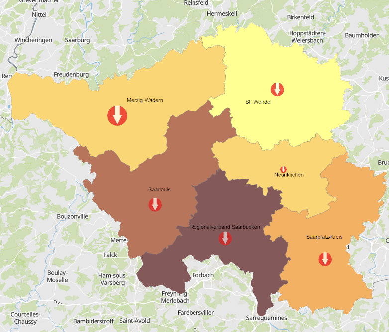 Frontaliers de la France vers la Sarre 2013-2023 sur l'application cartographique